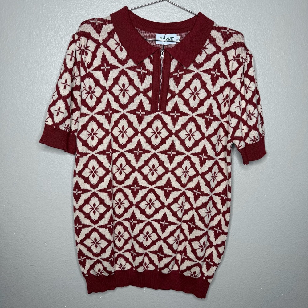 Oxiknit Red & Cream Zip‑Front Short‑Sleeve Polo Sweater women’s size 2XL